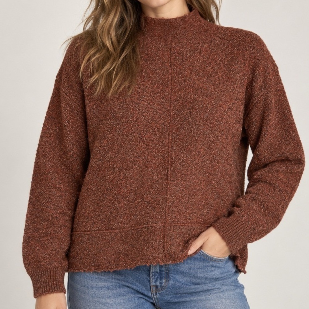 Max Studio London Mock Neck Rust Brown Marled Knit Sweater Large 2707396